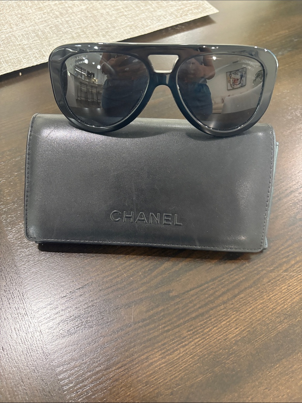 CHANEL Black Aviator Sunglasses with Logo